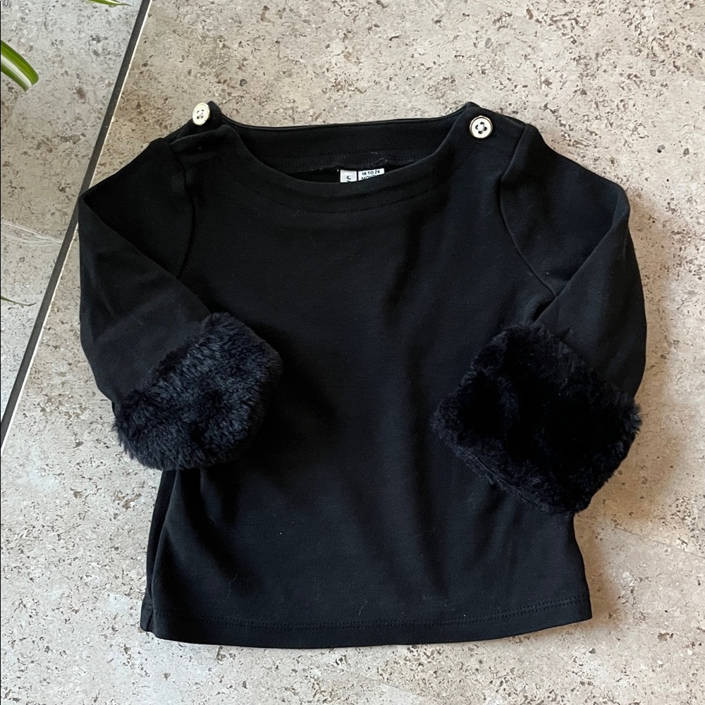 Janie and Jack Black Long Sleeve Top with Faux Fur Cuffs